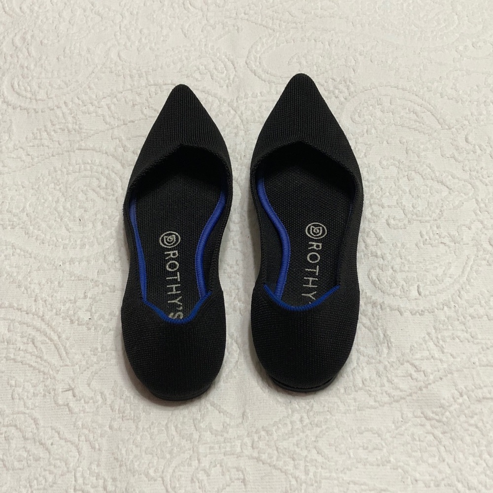 Rothy's Black Pointed Knit Flats with Blue Trim - Picture 4 of 8
